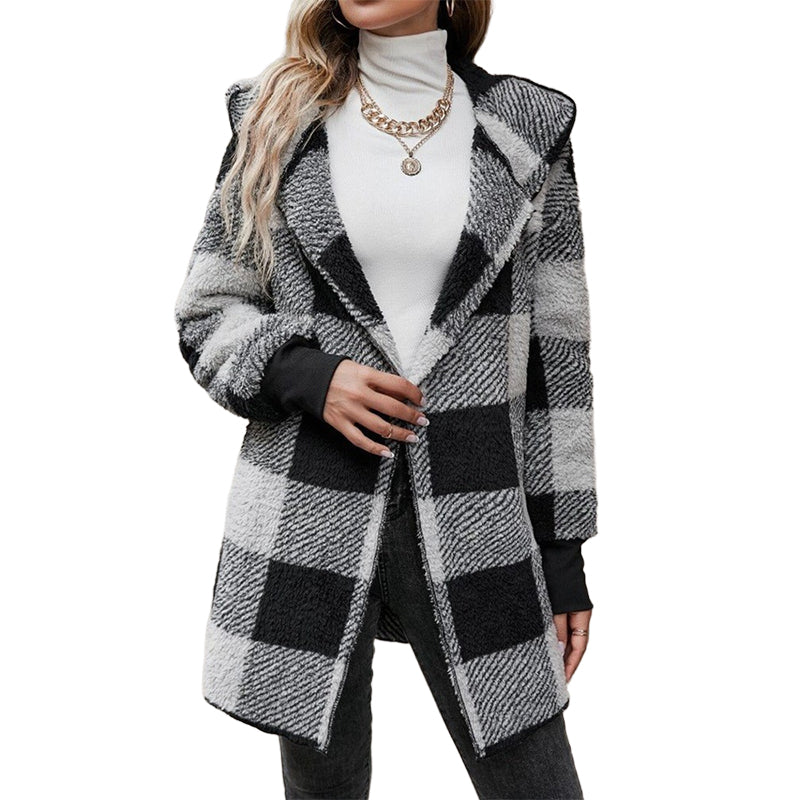 ✨ Cozy Plaid Character | Women’s Oversized Plaid Hooded Plush Cardigan