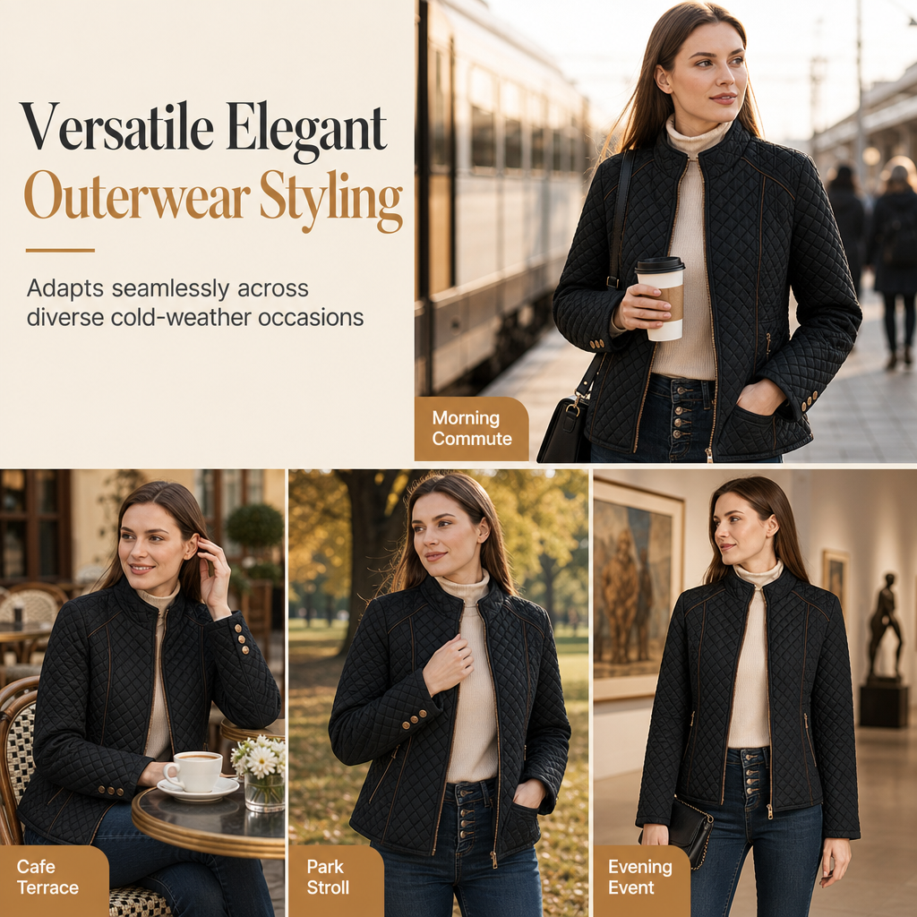 Lightweight Warmth, Beautiful Everyday Style — Women's Quilted Padded Zip-Up Jacket with a Chic Stand Collar, Classic Stitching, and a Flattering Casual Silhouette for Cooler Days