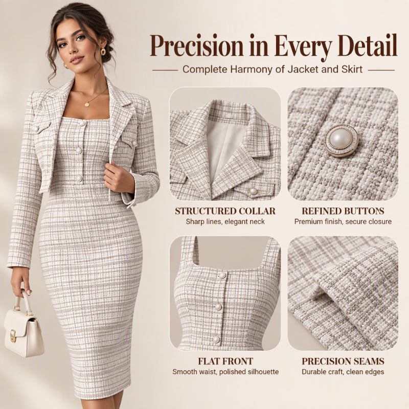 Women's Elegant Cropped Jacket and Slim Fit Dress Set