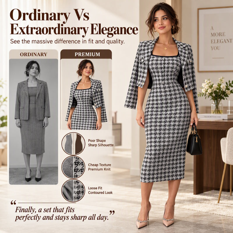 Women's Elegant Cropped Jacket and Slim Fit Dress Set