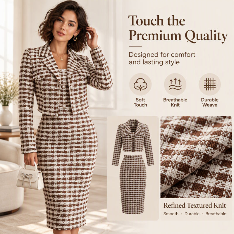 Women's Elegant Cropped Jacket and Slim Fit Dress Set