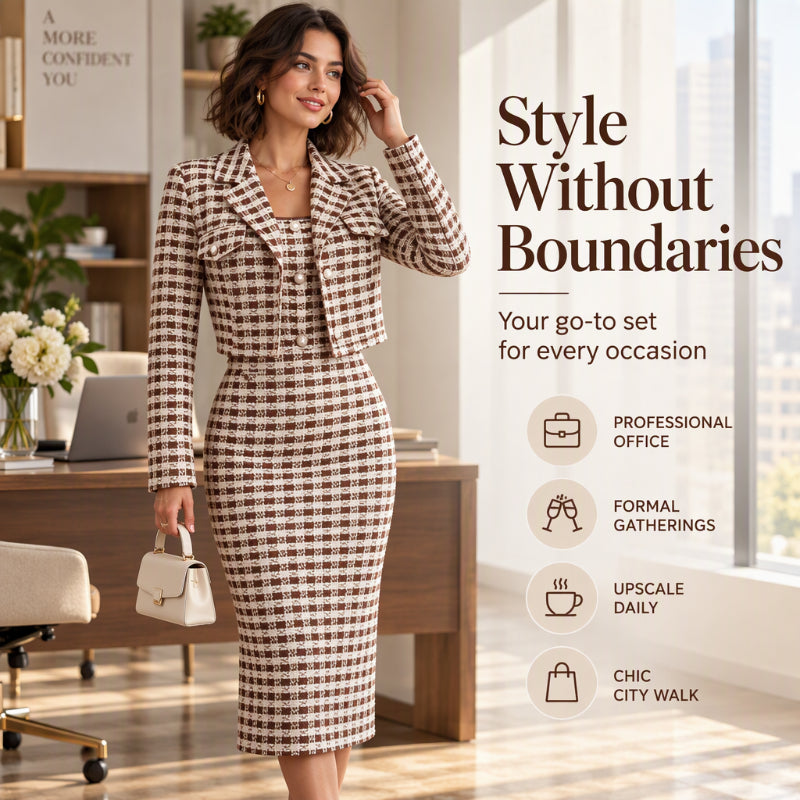 Women's Elegant Cropped Jacket and Slim Fit Dress Set