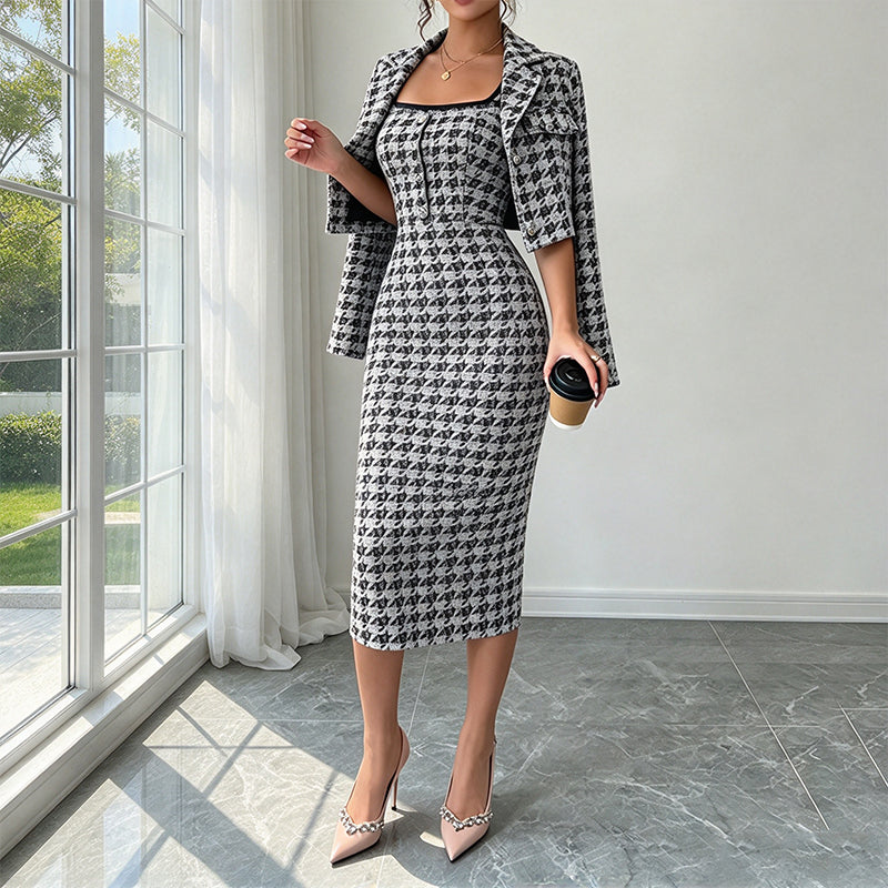 Women's Elegant Cropped Jacket and Slim Fit Dress Set