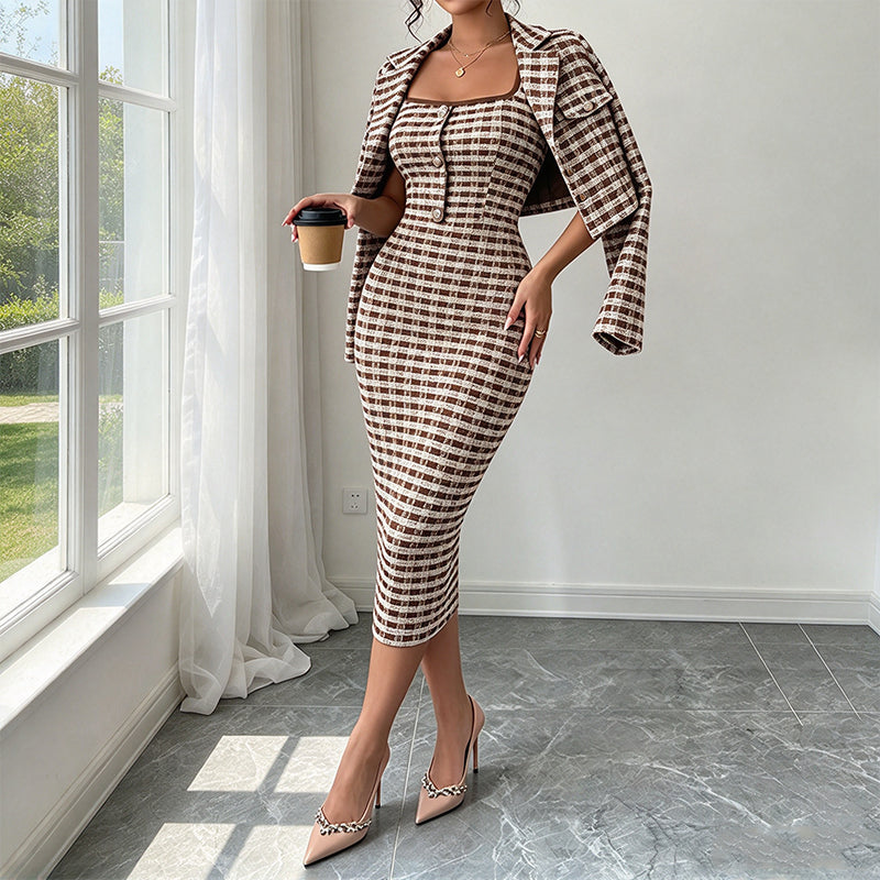 Women's Elegant Cropped Jacket and Slim Fit Dress Set