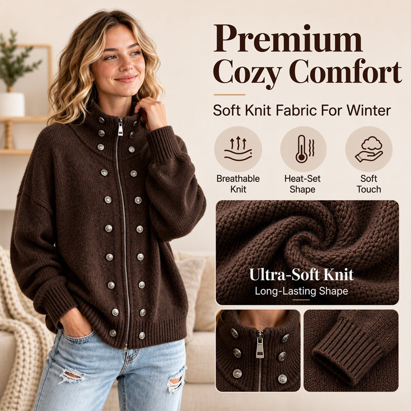 Women's Stand Collar Double-Breasted Knit Cardigan