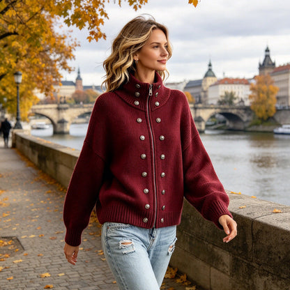 Women's Stand Collar Double-Breasted Knit Cardigan
