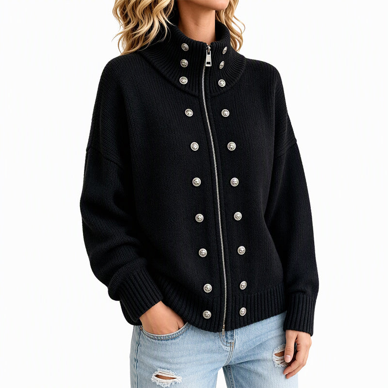 Women's Stand Collar Double-Breasted Knit Cardigan