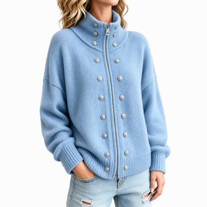Women's Stand Collar Double-Breasted Knit Cardigan