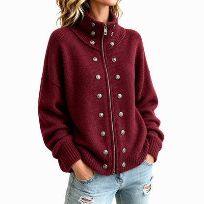Women's Stand Collar Double-Breasted Knit Cardigan