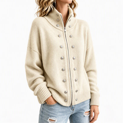 Women's Stand Collar Double-Breasted Knit Cardigan