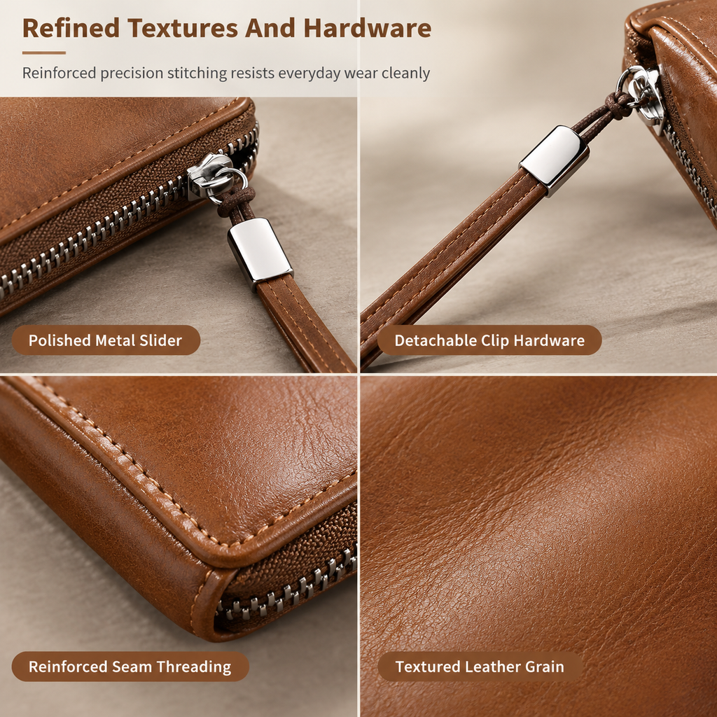 ✨Structured Everyday Clutch Wallet – Rigid Zip, Flat Banknotes, Multi-Compartment, Scratch-Resistant