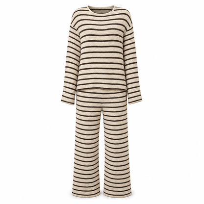 Women Casual Loose Striped Long Sleeve Crew Neck Top and Drawstring Pants Loungewear Set