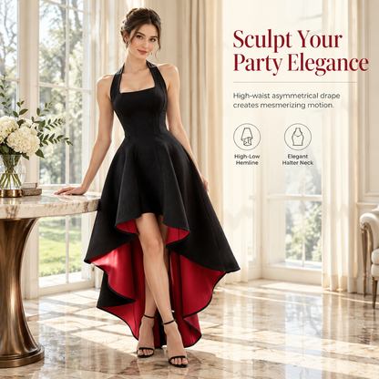 Women's Elegant Black Colorblock Dress Slim Fit Cinched Waist Party Dress