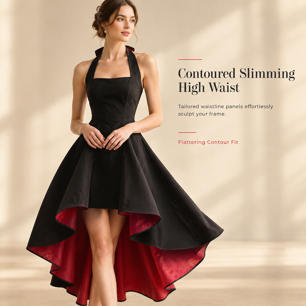 Women's Elegant Black Colorblock Dress Slim Fit Cinched Waist Party Dress