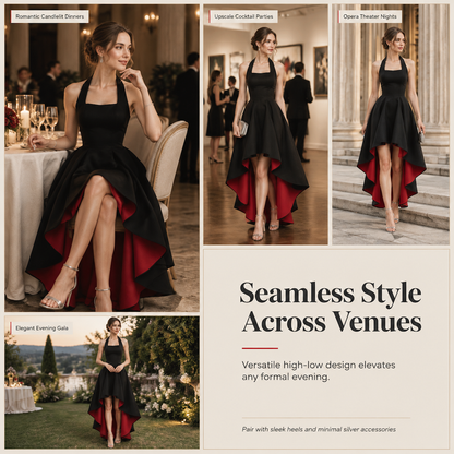 Women's Elegant Black Colorblock Dress Slim Fit Cinched Waist Party Dress