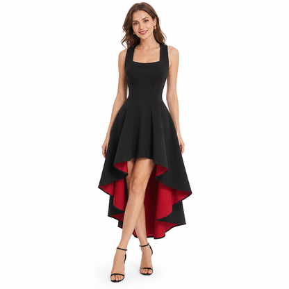 Women's Elegant Black Colorblock Dress Slim Fit Cinched Waist Party Dress