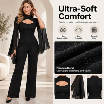 Women's Sparkly Glitter Cape Sleeve Jumpsuit