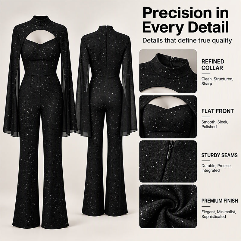 Women's Sparkly Glitter Cape Sleeve Jumpsuit