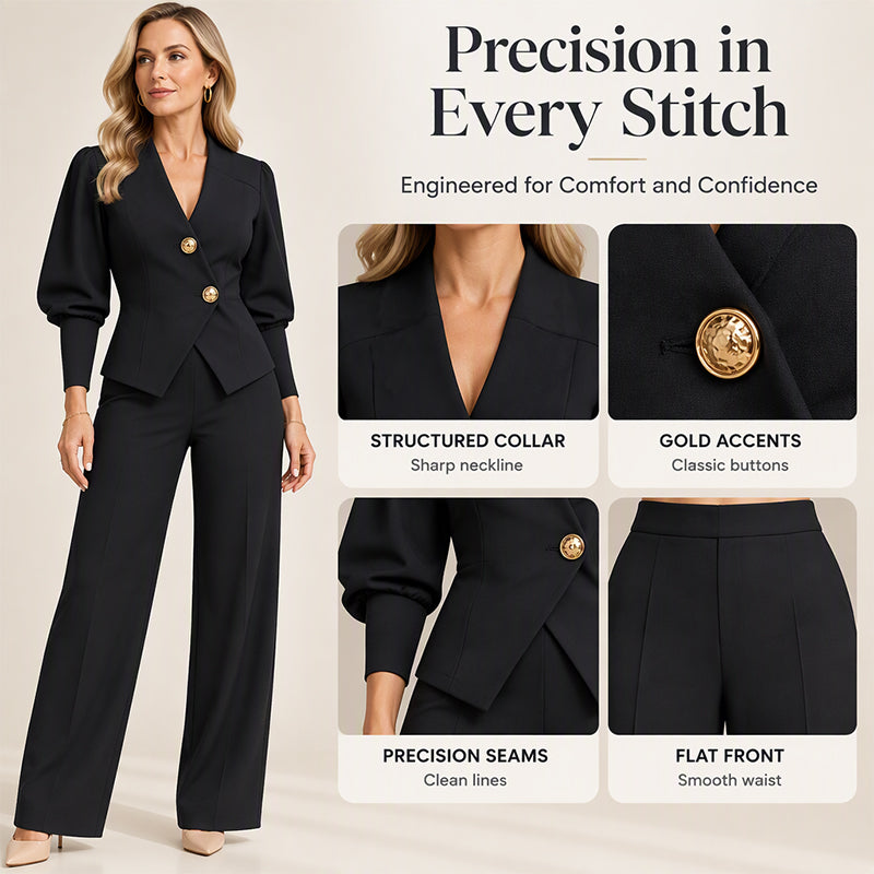 ✨ Women's Structured Fit Blazer Set — V-Neck & Gold-Tone Buttons ✨