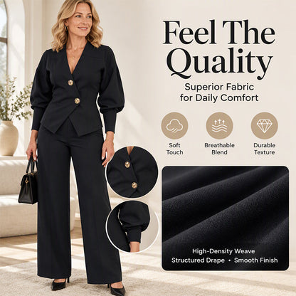 ✨ Women's Structured Fit Blazer Set — V-Neck & Gold-Tone Buttons ✨