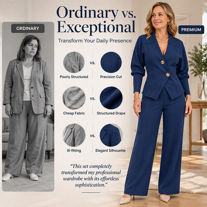 ✨ Women's Structured Fit Blazer Set — V-Neck & Gold-Tone Buttons ✨