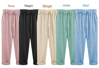 Women's trousers with elasticated waistband in plain colour / seven-quarter trousers