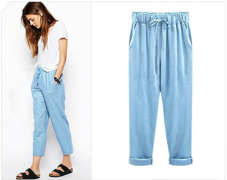 Women's trousers with elasticated waistband in plain colour / seven-quarter trousers