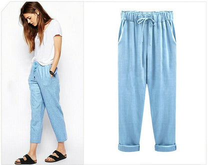 Women's trousers with elasticated waistband in plain colour / seven-quarter trousers