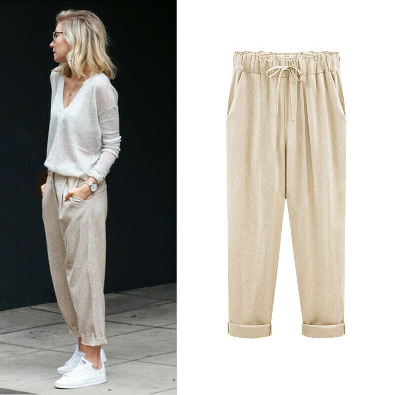 Women's trousers with elasticated waistband in plain colour / seven-quarter trousers