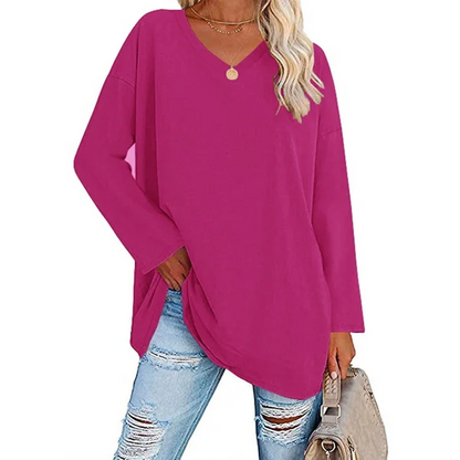 Women's loose long sleeve fashion V-neck knit top