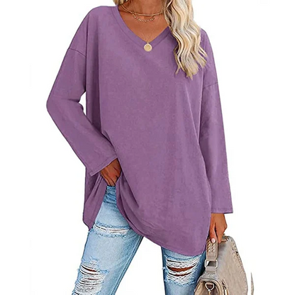 Women's loose long sleeve fashion V-neck knit top