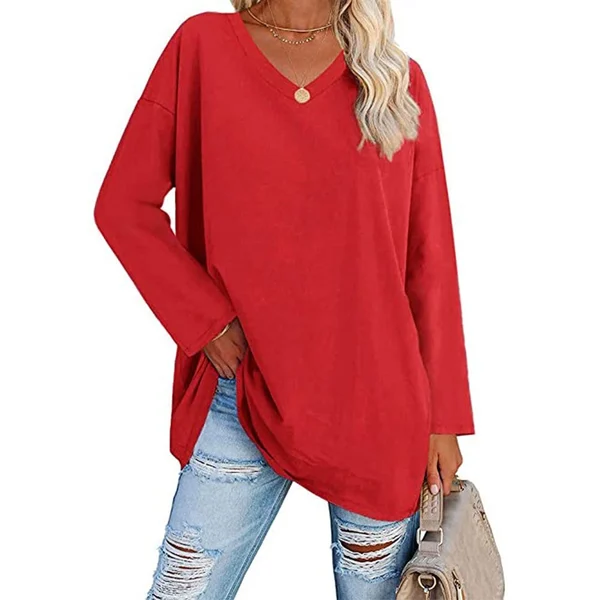 Women's loose long sleeve fashion V-neck knit top