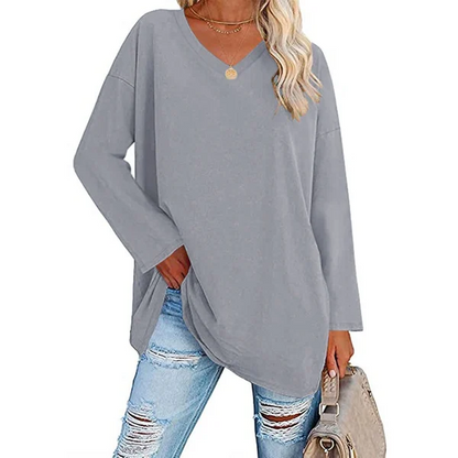 Women's loose long sleeve fashion V-neck knit top