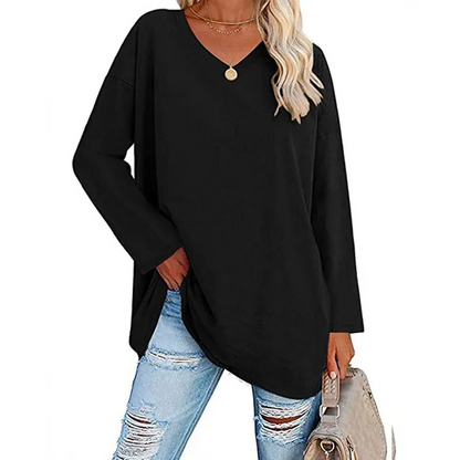 Women's loose long sleeve fashion V-neck knit top