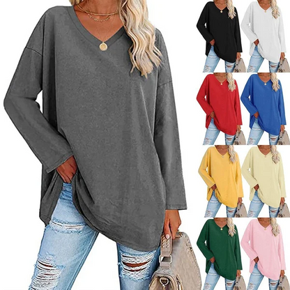 Women's loose long sleeve fashion V-neck knit top