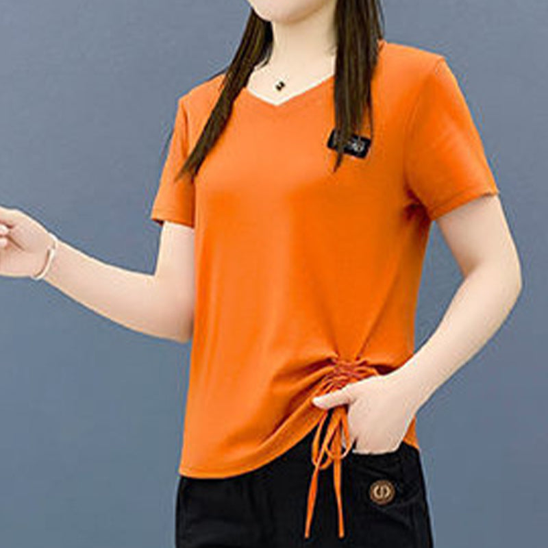 Women's Fashion V-Neck Drawstring Ruched Short Sleeve Top