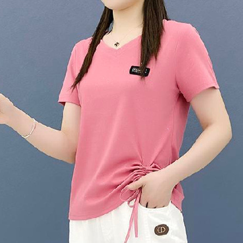 Women's Fashion V-Neck Drawstring Ruched Short Sleeve Top