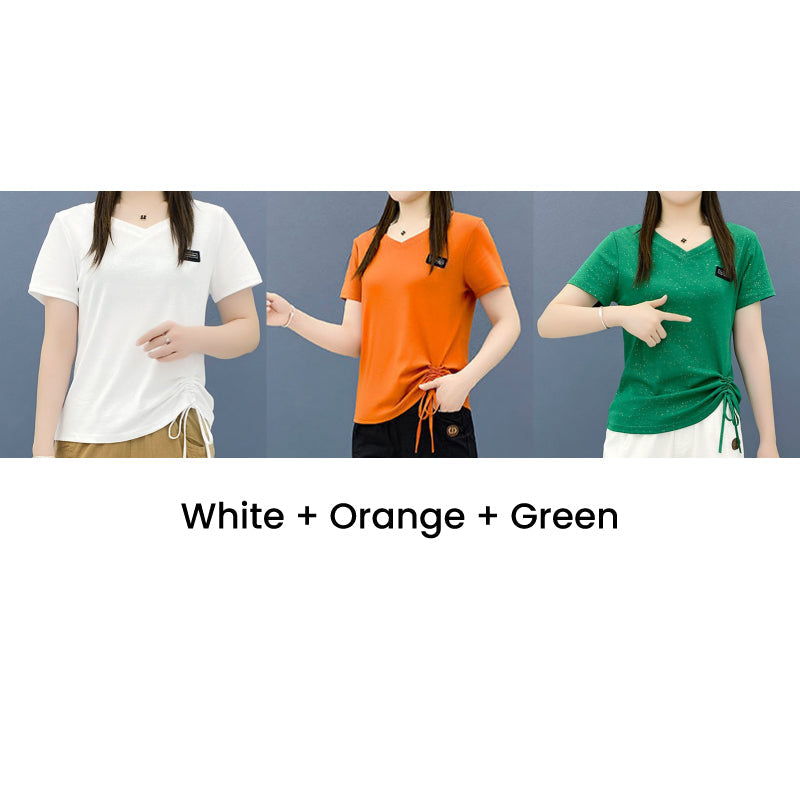 Women's Fashion V-Neck Drawstring Ruched Short Sleeve Top