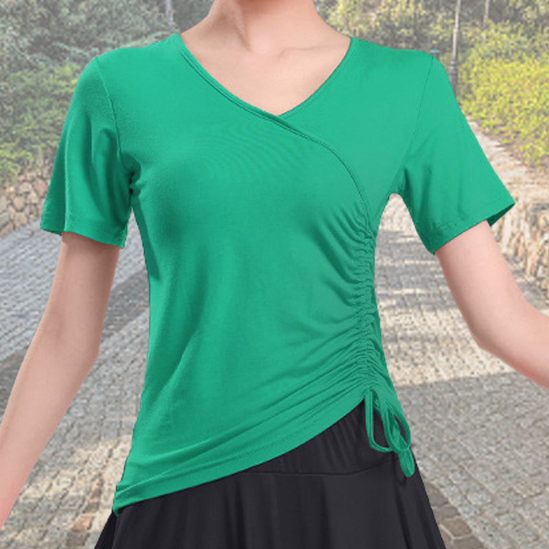 Women's Drawstring V-Neck Short Sleeve Top