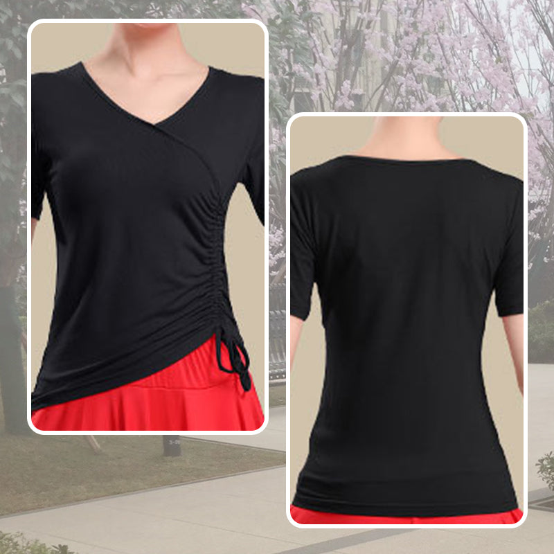 Women's Drawstring V-Neck Short Sleeve Top